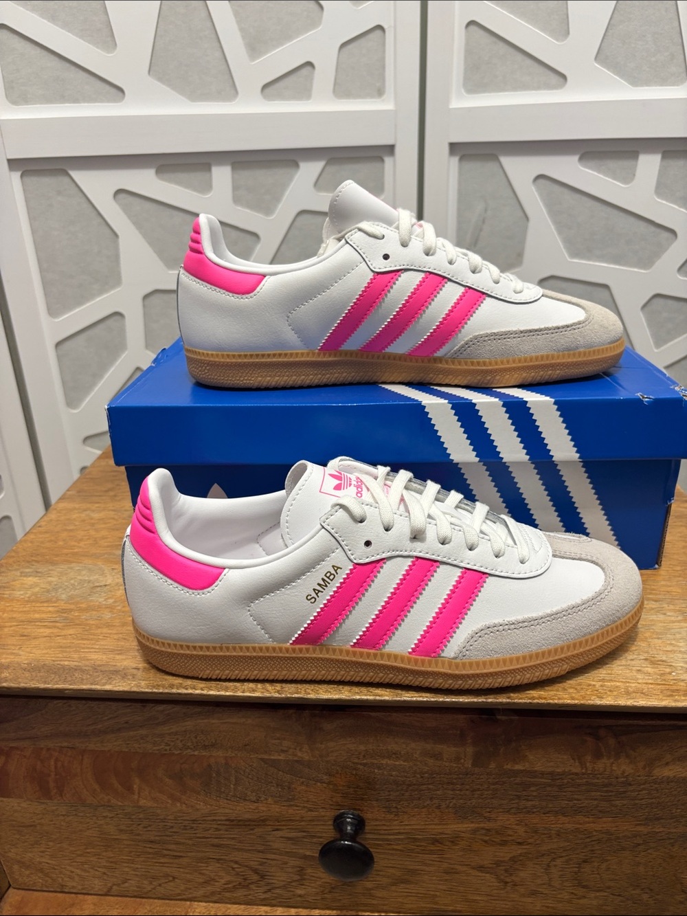 Adidas Samba OG J Sneakers - White with Hot Pink Accents